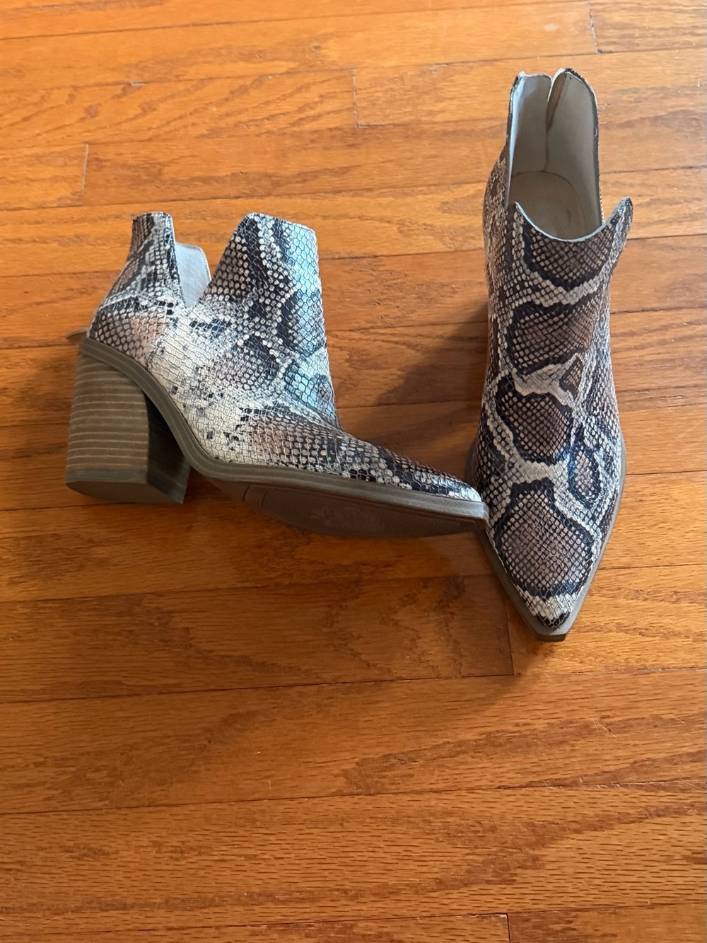 Vince Camuto Snake-Print Pointed Ankle Booties in Brown and Gray